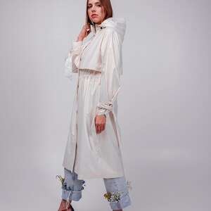 White pearl Women's trench coat, Casual Hooded Waterproof image 3