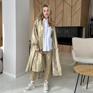 Gold Matte Women&#39;s Hooded Raincoat Trench Coat Oversize One size