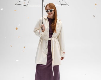White Pearl Raincoat: Water-Resistant Hooded Windbreaker