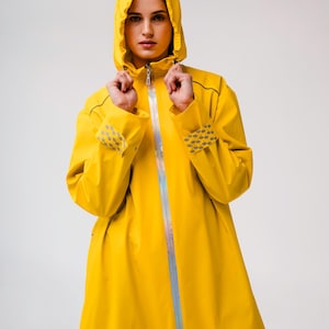 Yellow Designer Raincoat for Women | Casual Waterproof Jacket with Holographic Zipper | Spring to Fall Outerwear | Handmade Rainwear