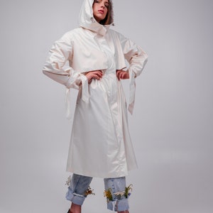 White pearl Women's trench coat, Casual Hooded Waterproof image 2