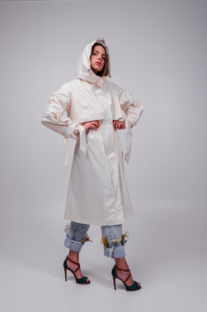 White pearl Women's trench coat, Casual Hooded Waterproof image 2