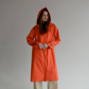 Designer Orange Raincoat for Women | Long Waterproof Hooded Coat | Casual Windbreaker Jacket | Spring Fall Outerwear