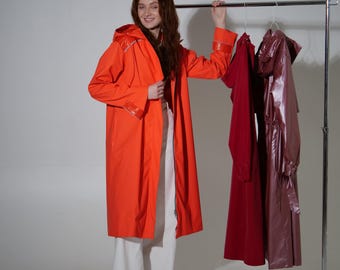Designer Orange Waterproof Raincoat | Long Hooded Windbreaker