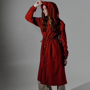 Fall Red Velvet Raincoat Modern Stylish Trench coat for rainy weather waterproof water resistant