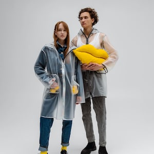 Summer Men&#39;s Transparent Matte Raincoat with Silver Holographic edging | Festival Outwear Raincoat