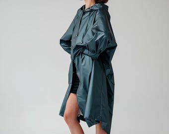 Emerald Green Oversized Raincoat | Waterproof Trench Coat for Women | Handmade Matte Festival Coat