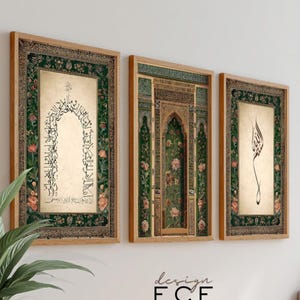 Conjunto de Arte de Parede Islâmica, 3 Peças – Caligrafia Árabe e Padrão Oriental – Verde – Decoração Muçulmana – Arte de Parede do Alcorão