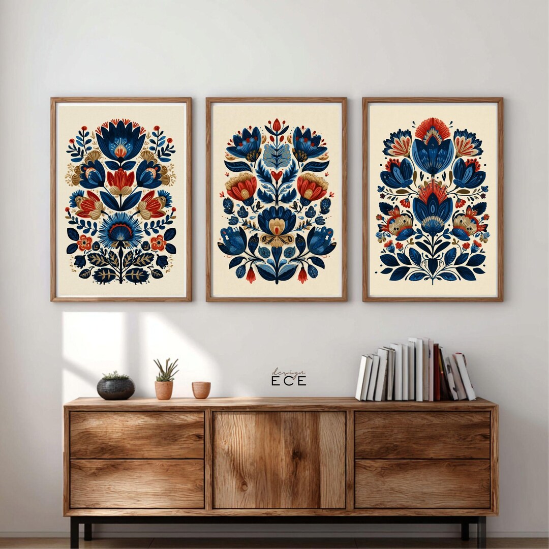 Scandinavian Wall Art Set of 3 – Folk Art Floral Posters, Nordic Boho ...