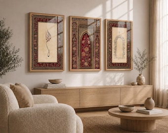 Islamic Wall Art Set, 3-Piece – Arabic Calligraphy & Oriental Pattern – Red-Pink – Muslim Decor – Quran Wall Art – Digital