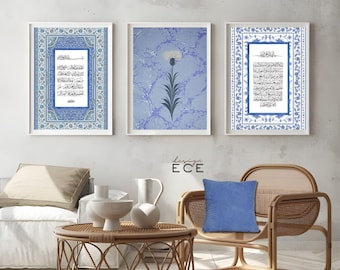 Set of 3 Islamic Wall Art Posters - Oriental Design - Boho Posters - Calligraphy - Wall Decor Prints - Quran Wall Art - Rug Style - Blue