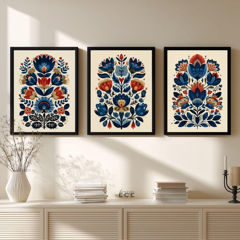 Scandinavian Wall Art Set of 3 – Folk Art Floral Posters, Nordic Boho ...