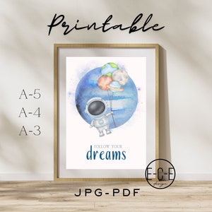 Póster habitación infantil, espacio, espacio, astronauta, decoración habitación infantil, sala de juegos, digital, PDF, JPG, A-5, A-4, A3