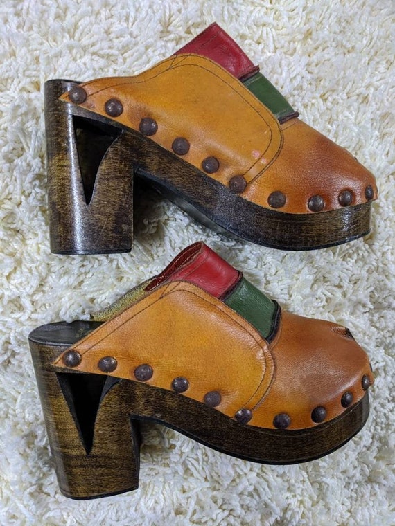 Vintage Color Block Platform Shoes CLOGS Wooden He