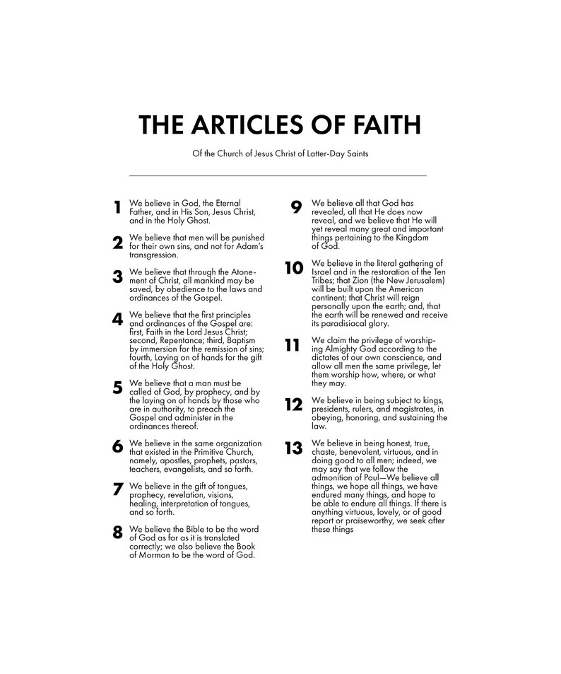 Articles of Faith LDS Print 20x24 - Etsy