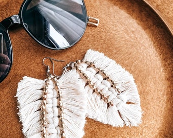 Arrowhead Macrame Earrings, Feather Earrings, Gold Bead Detailed Earrings
