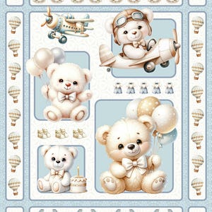 White Teddy Bear Fabric Panel Cute Bear Driving Flying Balloon Wall Decor for Boys Room -Baby Blanket Cheater Cloth Quilt Panel for Sewing