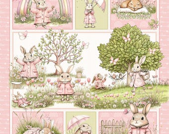 Baby Bunny Fabric Panel Adorable Bunnies in Raincoats Playing Outdoor - Rainbows and Flowers - DIY Baby Blanket Cheater Cloth for Nursery