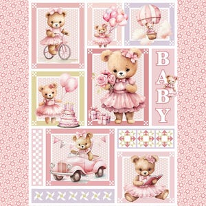Pastel Pink Ballerina Teddy Bear Fabric Panel for Girls Room Wall Decor or Baby Blanket Cheater Cloth Quilt Panel for DIY Sewing and Gifting