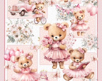 Pastel Pink Ballerina Teddy Bear Fabric Panel for Girls Room Wall Decor or Baby Blanket Cheater Cloth Quilt Panel for DIY Sewing and Gifting