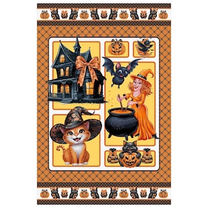 Stoffen paneel, halloween-quiltmateriaal, spookhuis, heksen, katten, pompoenen, vleermuizen, oranje zwarte achtergrond, quilten naaien, huis