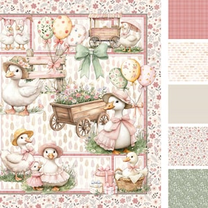 Country Goose Fabric Panel + Coordinates - Mother Goose Nursery Theme - Vintage Outfits Pink Green - Baby Girl Blanket New Mom Gift or Decor