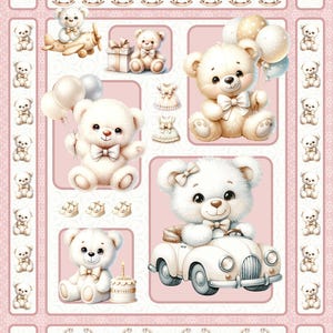 White Teddy Bear Fabric Panel Cute Bear Driving Flying Balloon Wall Decor for Girls Room -Baby Blanket Cheater Cloth Quilt Panel for Sewing