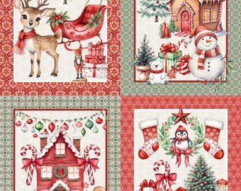 May include: A festive Christmas-themed fabric panel featuring four squares with holiday illustrations. Each square showcases a different scene, including a reindeer with a sleigh, a gingerbread house, and a snowman, all in vibrant colors.