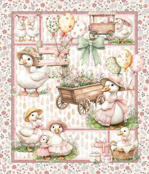 Country Goose Fabric Panel - Mother Goose Nursery Theme - Vintage Outfits Pink Green - Baby Girl Blanket New Mom Gift or Decor