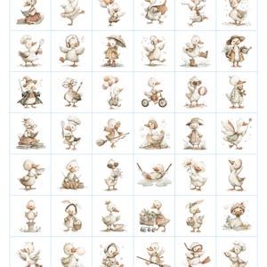 May include: A grid of watercolor illustrations featuring various ducks in whimsical scenarios. Ducks are depicted with accessories like hats, umbrellas, and balloons. The color palette is soft, with shades of beige, brown, and white, creating a charming and playful aesthetic.