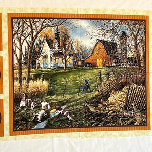 Hunting Dogs Fabric Panel — 23.5&quot; x 43.5&quot; — Country Farm Autumn Hunting Season — Fall Harvest Jewel Tones — Rustic Farm Style  — 100% Cotton