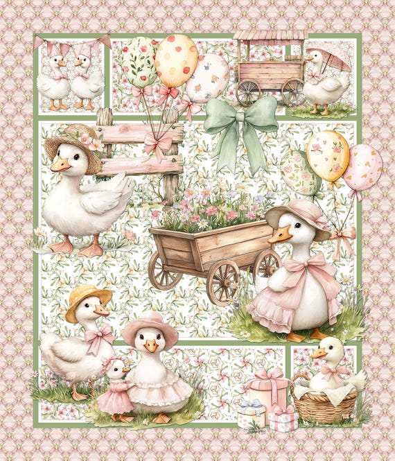 Country Goose in Vintage Outfits Fabric Panel for Quilting Little Girl Baby Blanket or Wall Decor for Mother Goose theme Nursery Pink Green