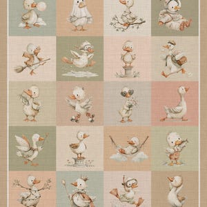 May include: A fabric panel featuring a grid of illustrated ducks in various poses and outfits. The ducks are depicted in a whimsical, vintage style, with soft colors and detailed designs. The panel has a neutral beige border and a variety of pastel-colored squares.