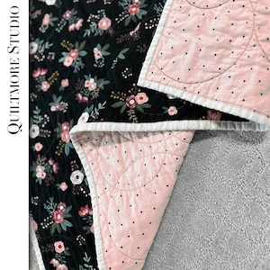 Homemade baby quilt for sale handmade baby patchwork quilt black and pink crib quilt for nursery with floral rose