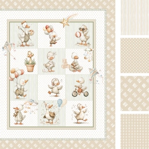 May include: A fabric panel featuring a whimsical design of cartoon ducks in various scenes. The ducks are depicted with accessories like balloons, headphones, and sunglasses. The background includes stripes, dots, and a star.