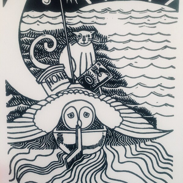 Een linosnede van 'De Uil en de Poes'