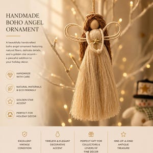 May include: Handmade boho angel ornament with natural fibers, a golden star accent, and delicate details. The angel has a brown head and hair, with beige wings and a flowing dress. The text says "Handmade Boho Angel Ornament".