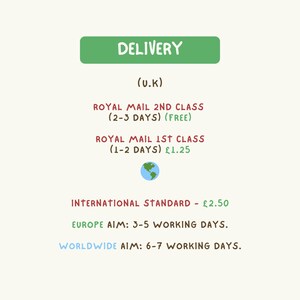 May include: Green button with the word "DELIVERY" in white text.  Below the button, the text "(u.k)" is in black.  The text "ROYAL MAIL 2ND CLASS (2-3 DAYS) (FREE)" is in red.  The text "ROYAL MAIL 1ST CLASS (1-2 DAYS) &pound;1.25" is in red.  A blue globe icon is below the text.  The text "INTERNATIONAL STANDARD - &pound;2.50" is in red.  The text "EUROPE AIM: 3-5 WORKING DAYS." is in green.  The text "WORLDWIDE AIM: 6-7 WORKING DAYS." is in blue.