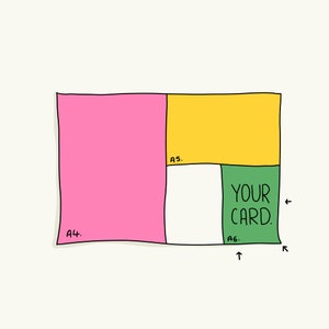 May include: A diagram showing the different sizes of paper. A4 paper is pink, A5 paper is yellow, and A6 paper is green. The text "YOUR CARD" is written on the green A6 paper.