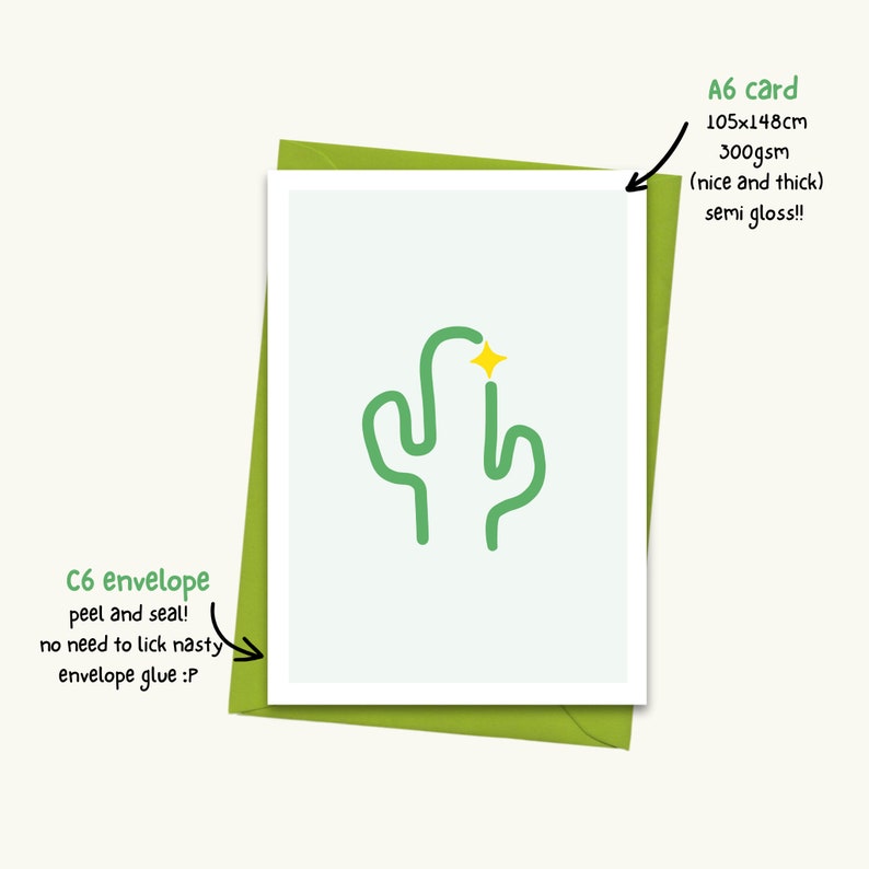 May include: A green cactus with a yellow star on top, printed on a white card with a green envelope. The card is 105x148 cm and 300 gsm.