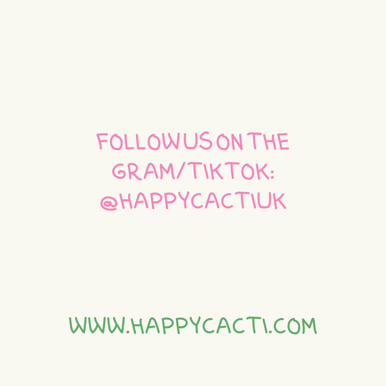 May include: Pink text on a white background that reads "FOLLOW US ON THE GRAM/TIKTOK: @HAPPYCACTIUK" and green text that reads "WWW.HAPPYCACTI.COM".
