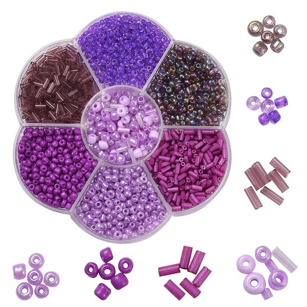 Purple seed & bugle bead selection box - assorted sizes, styles + finishes. Ideal for jewellery making, beading, crafts, sewing + more!