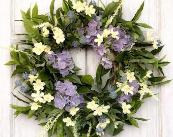 Spring Wreath for Front Door, Summer Hydrangea Wreath, Purple Floral Wreath, Everyday Garden Style Wreath, Housewarming Gift