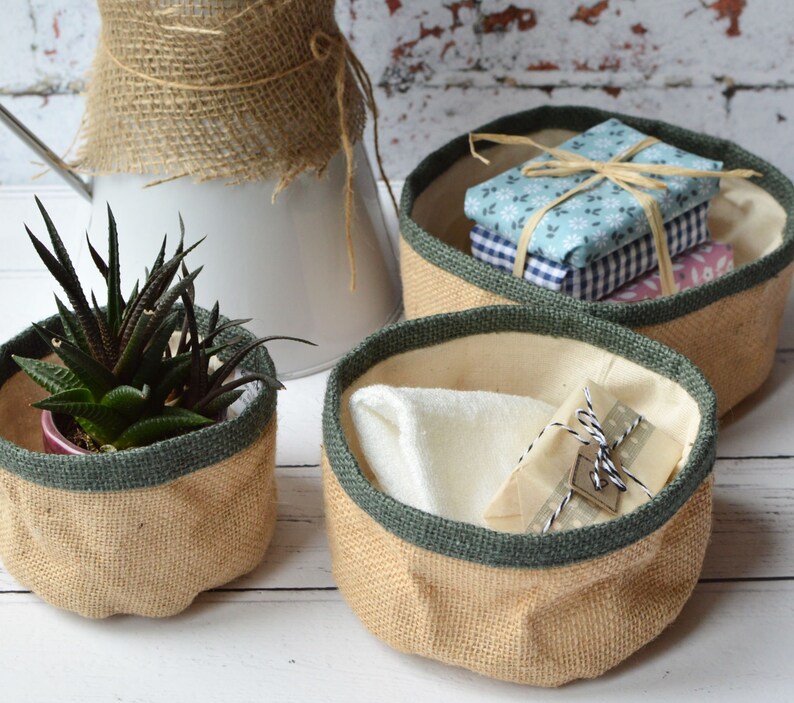 Natural Jute Baskets 3 Storage Pods with Cotton Lining Etsy
