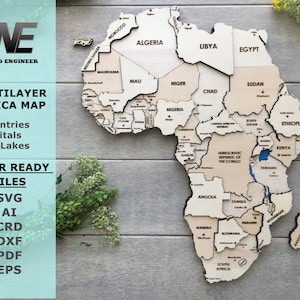 Mapa de África de madera 3D cortado con láser - Archivo vectorial SVG - Archivo Crd, Dxf, Ai, PDF, Eps para corte láser Glowforge - Rompecabezas de madera contrachapada - Archivo digital cortado con láser