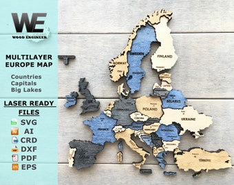 3D wooden Europe Map Laser Cut File-Svg vector file-Crd,Dxf,Ai,Pdf,Eps file for glowforge laser cut-Plywood puzzle-Digital Laser Cut file