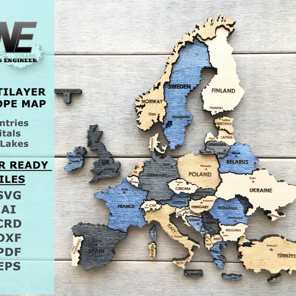 Carte de l'Europe en bois 3D découpée au laser - fichier vectoriel Svg-Crd, Dxf, Ai, Pdf, fichier Eps pour glowforge découpé au laser-puzzle de contreplaqué-fichier numérique découpé au laser