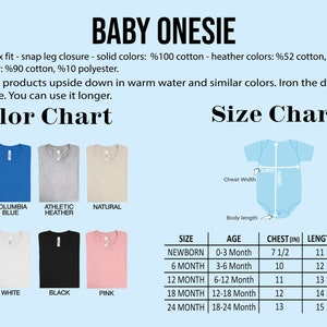 May include: Baby onesie color and size chart. Includes color swatches in heather mauve, Columbia blue, athletic heather, natural, dark grey heather, white, black, and pink. Size chart shows chest, length, and weight measurements in inches and pounds.