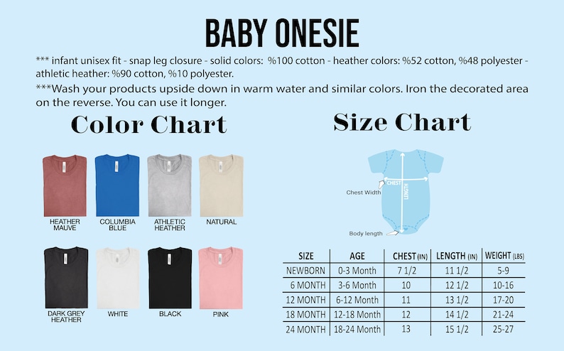 May include: Baby onesie color and size chart. Includes color swatches in heather mauve, Columbia blue, athletic heather, natural, dark grey heather, white, black, and pink. Size chart shows chest, length, and weight measurements in inches and pounds.