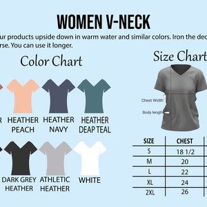 May include: A light blue graphic showing a Women's V-Neck t-shirt size chart and color options. The color chart includes heather mauve, peach, navy, and deep teal. The size chart shows chest and length measurements in inches.